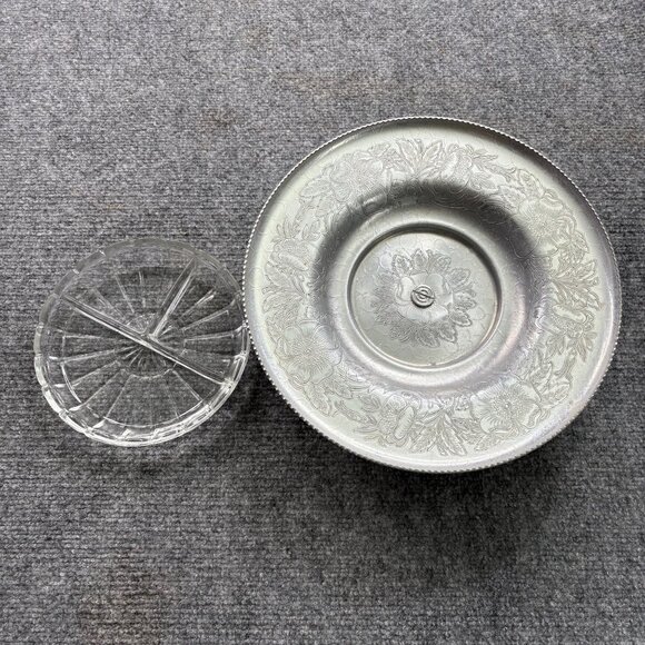 Vintage Lazy Susan Serving Tray Divided Glass Insert Floral Scroll Aluminum‎ 60s - Picture 3 of 14